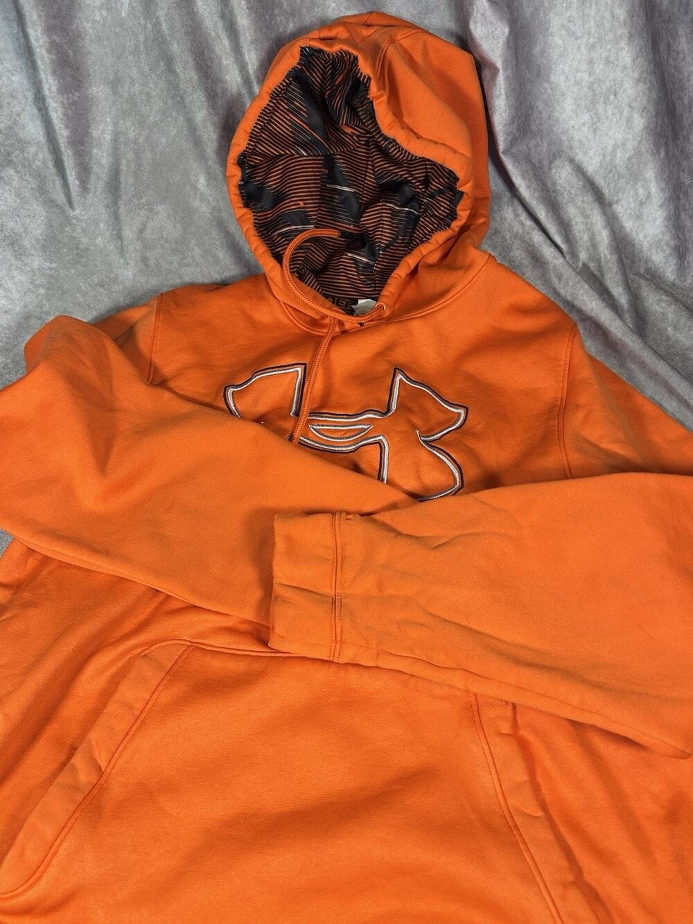 Under Armour Men's Large Orange Fleece Hoodie Loose Fit Pullover Sweatshirt